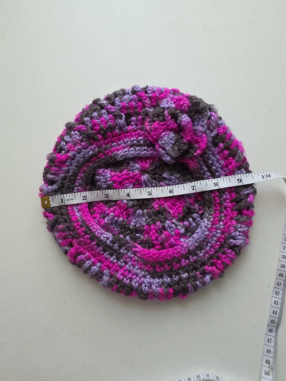 Handmade Crocheted Beret In Hot Pink, Lavender & Gray